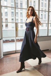 Calypso Dress in Navy Chalk Stripe