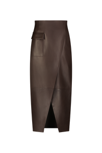 Leather Asymmetrical Pencil Skirt in Chocolate