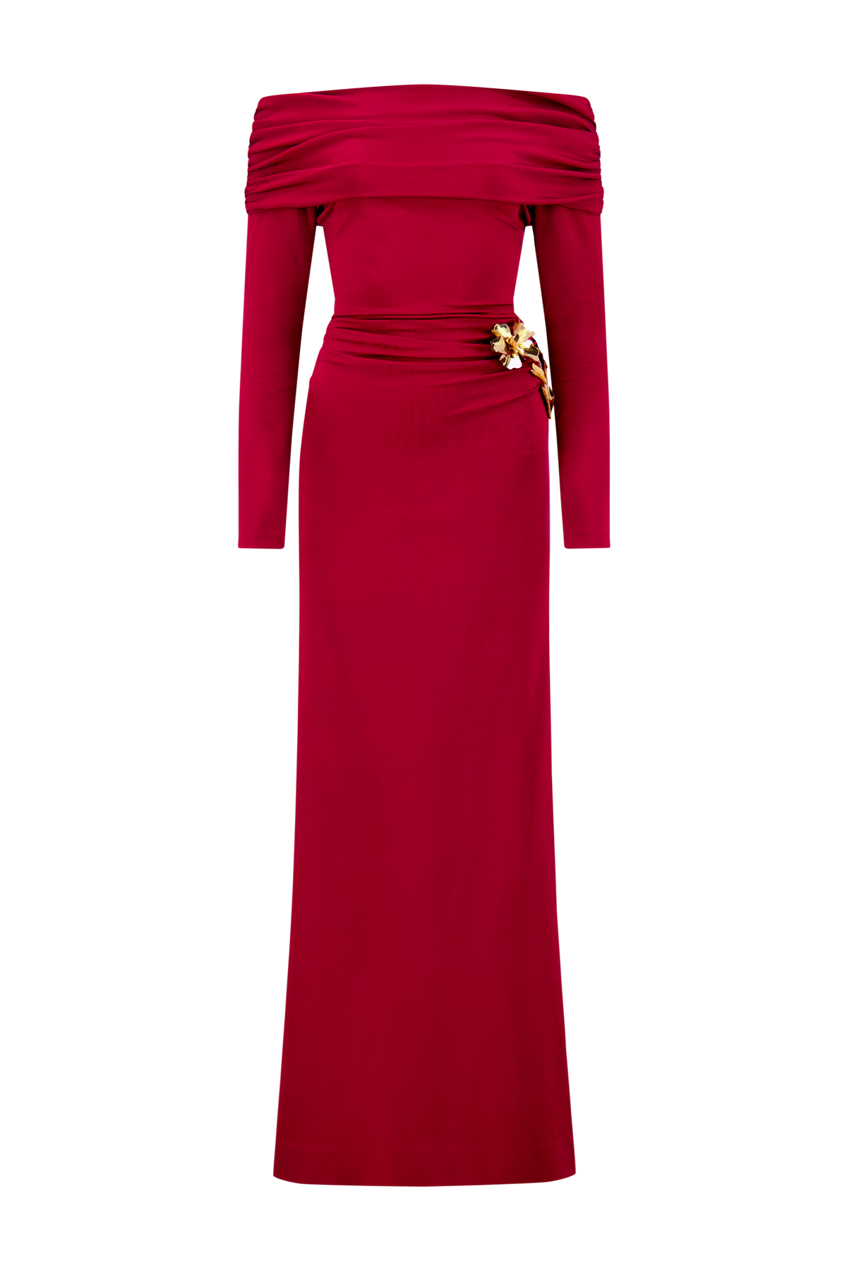 3D Metallic Embroidered Satin Jersey Draped Gown in Oxblood/Gold