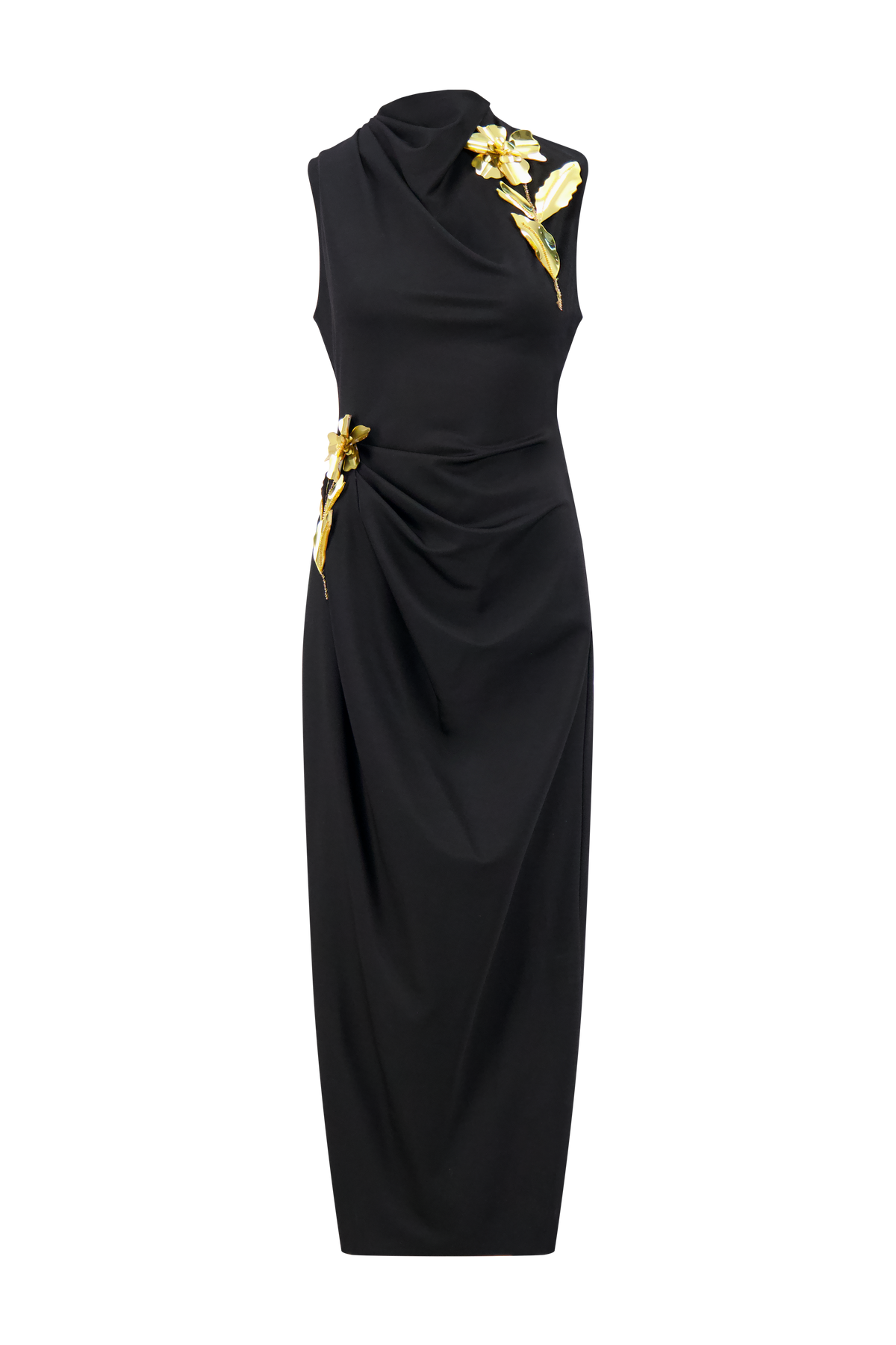 3D Metallic Embroidered Satin Jersey Column Dress in Black/Gold