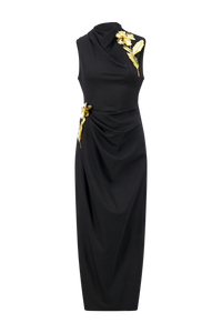 3D Metallic Embroidered Satin Jersey Column Dress in Black/Gold