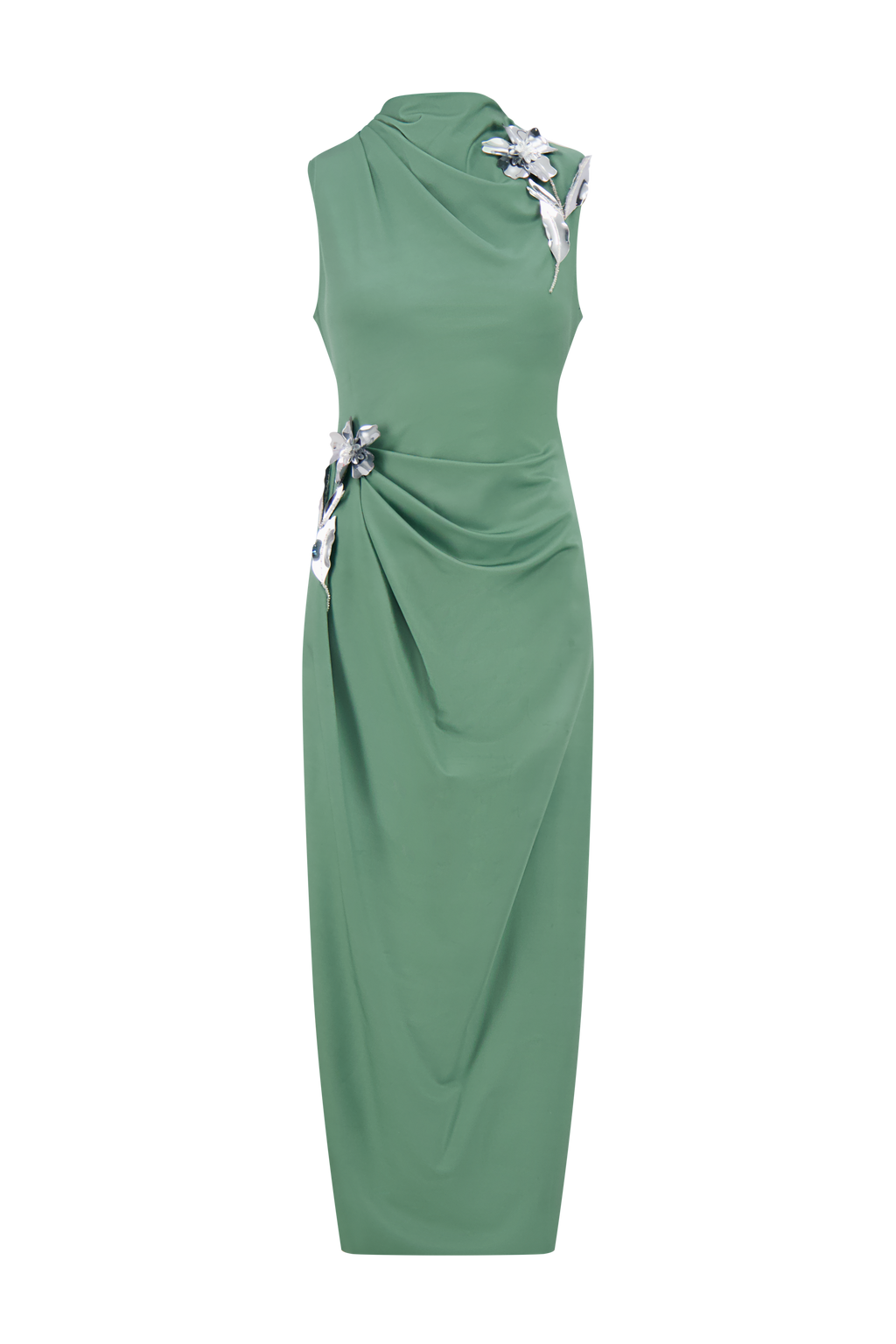 3D Metallic Embroidered Satin Jersey Column Dress in Sage/Silver