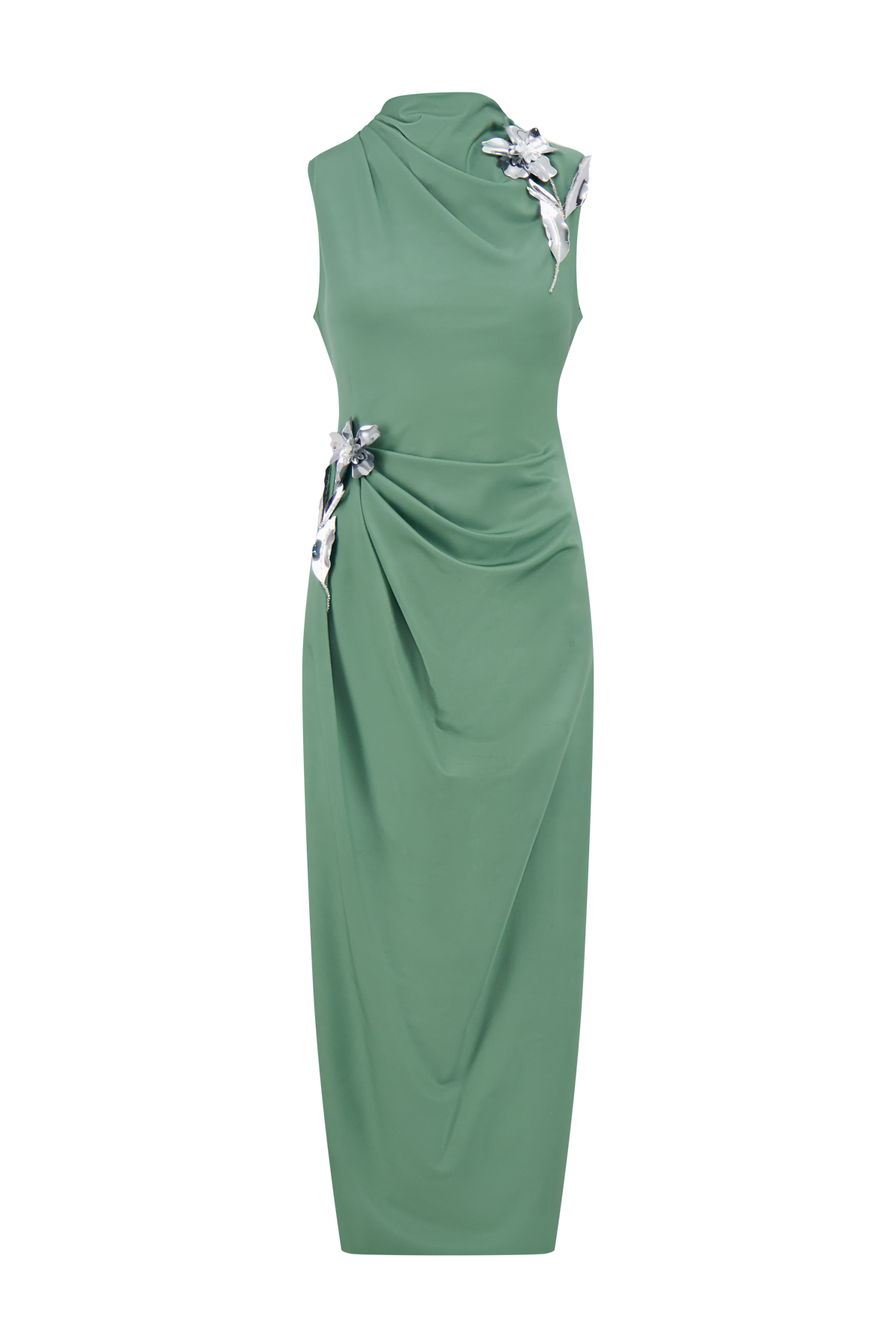 3D Metallic Embroidered Satin Jersey Column Dress in Sage/Silver