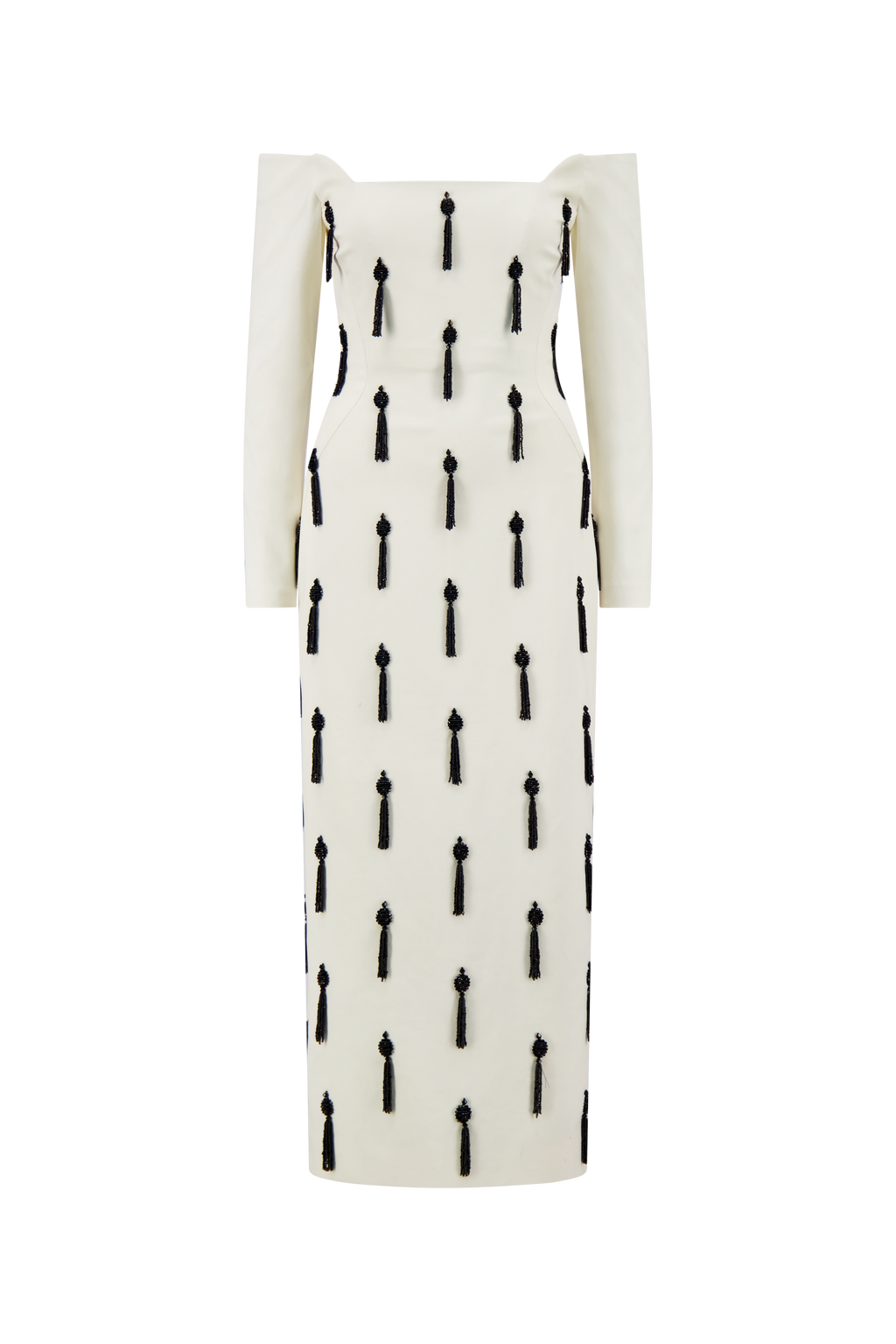 Tassel Embroidered Stretch Cotton Off The Shoulder in Cream