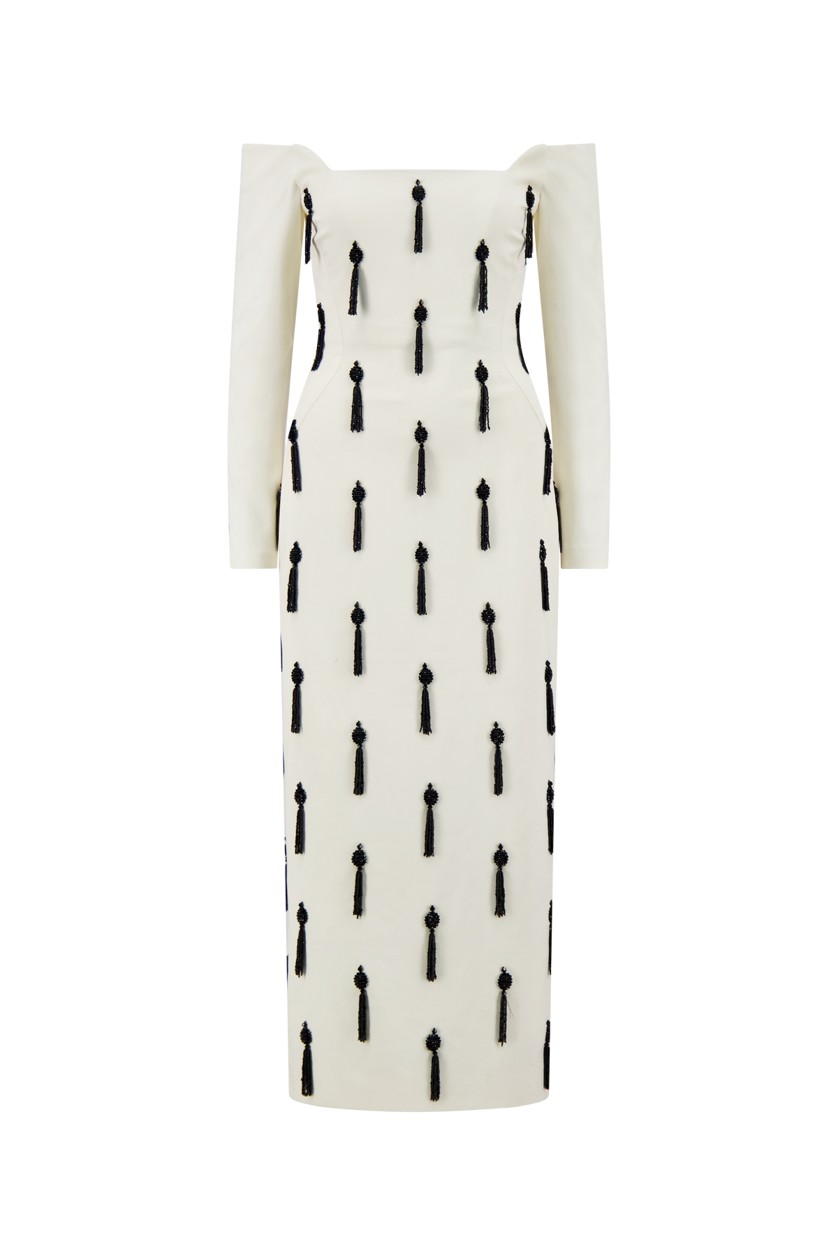 Tassel Embroidered Stretch Cotton Off The Shoulder in Cream