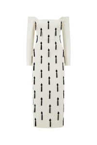 Tassel Embroidered Stretch Cotton Off The Shoulder in Cream