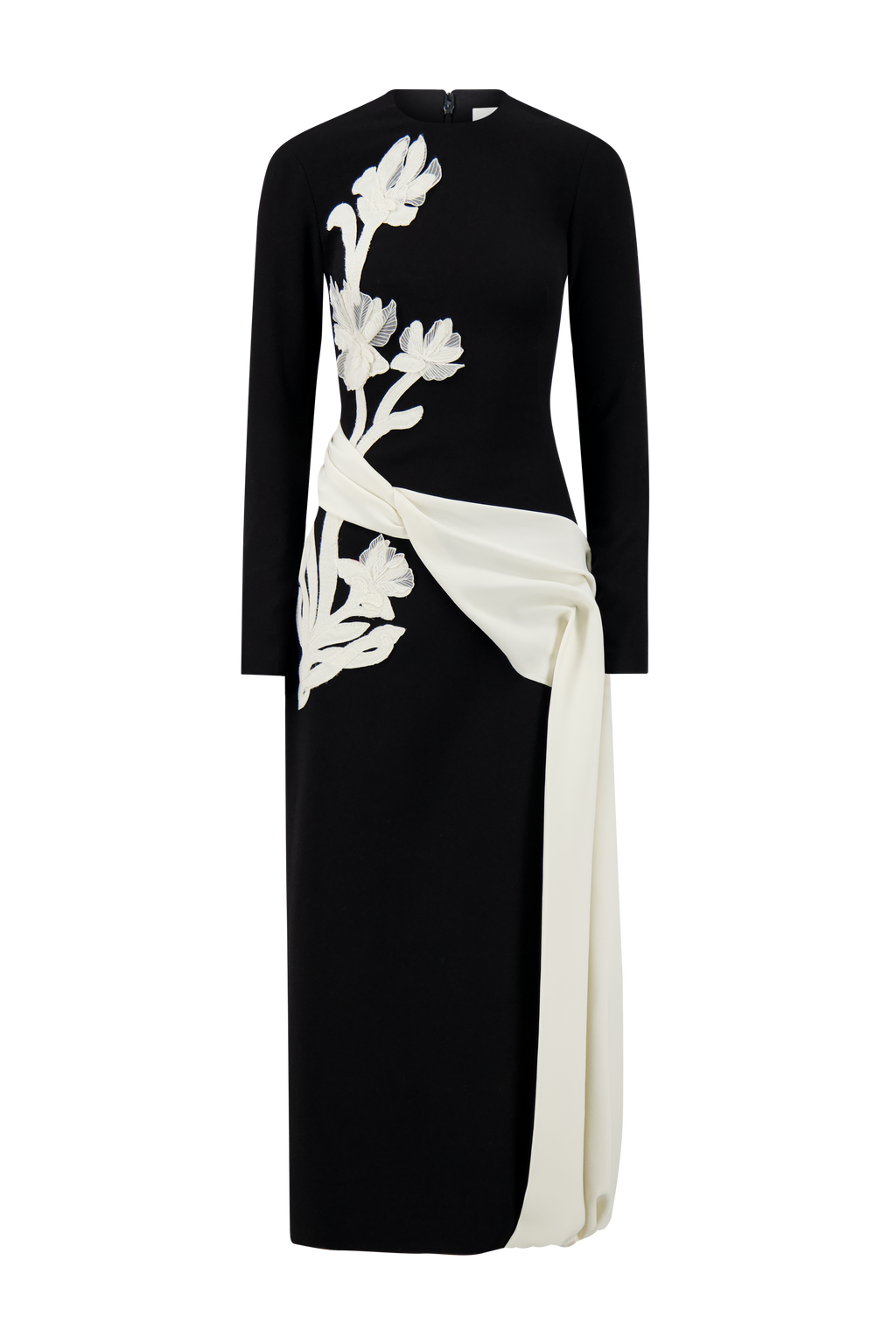 Floral Organza Embroidered Crepe Dress in Black/Cream