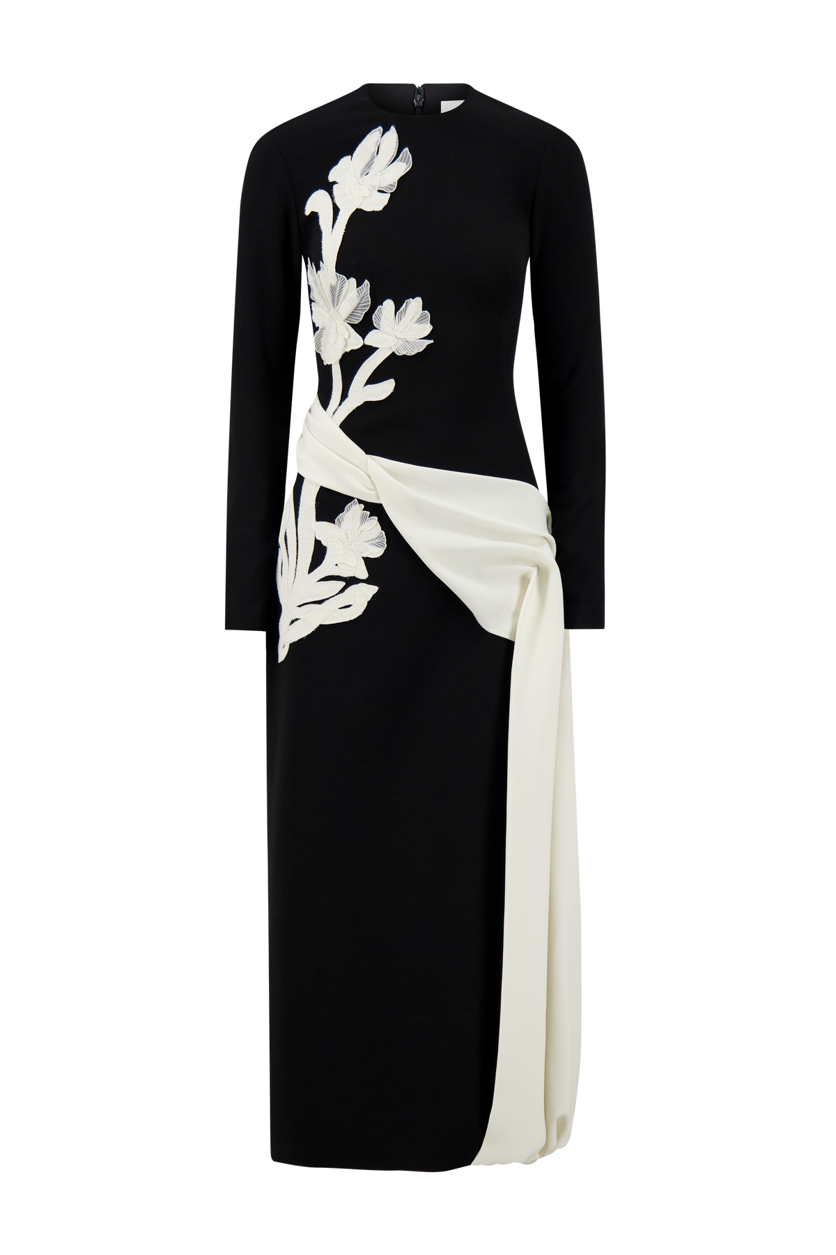 Floral Organza Embroidered Crepe Dress in Black/Cream