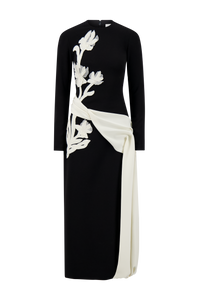 Floral Organza Embroidered Crepe Dress in Black/Cream