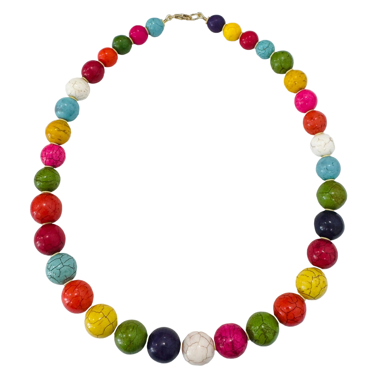 Front view of Multi-Colored Howlite Gumball Necklace with smooth, graduated bright beads and yellow spacers on white