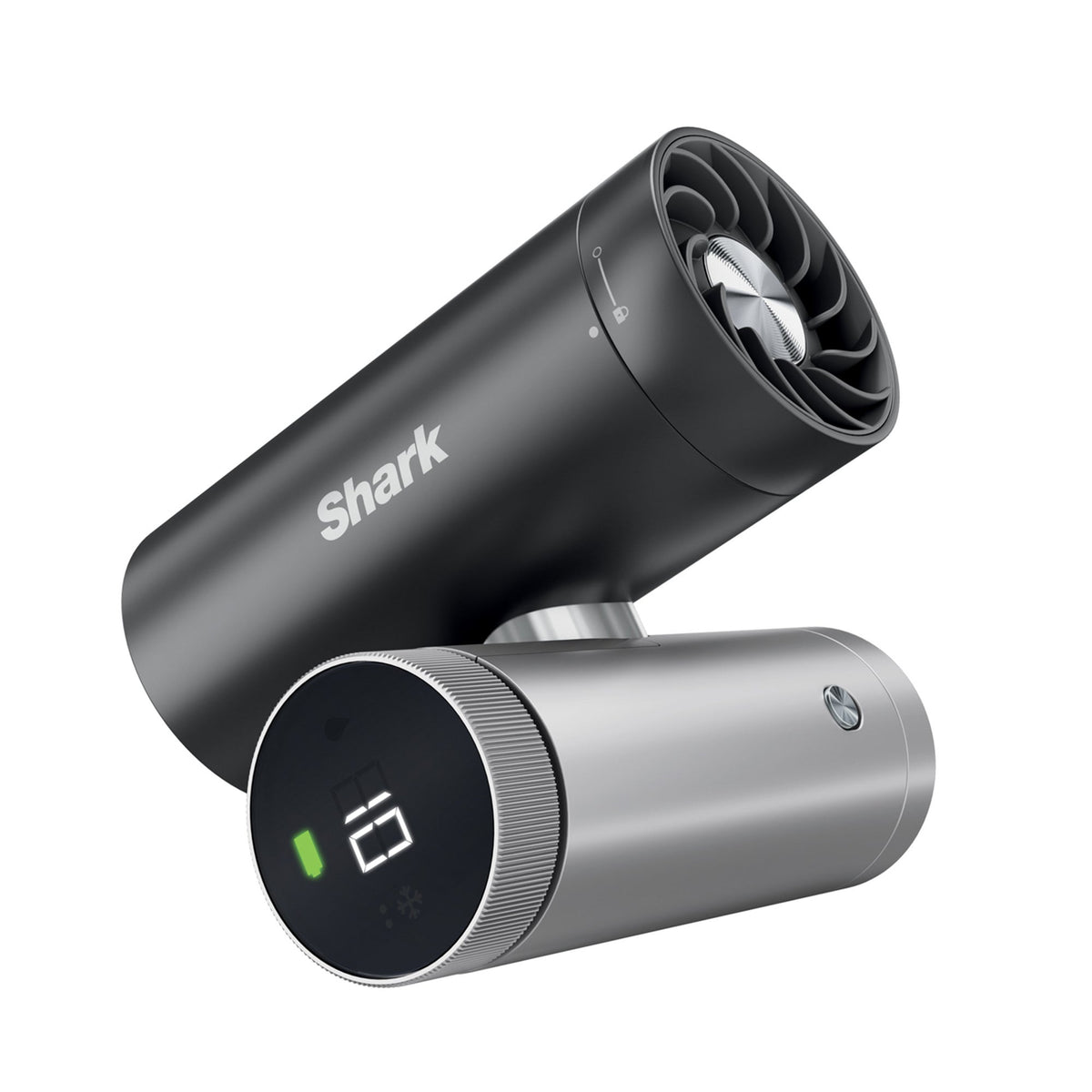 Angled view of Shark ChillPill 3-in-1 Personal Cooling System in Carbon showing fan and cooling unit on white background