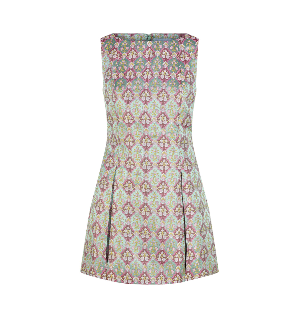 The Shayla Dress in Brocade Diamond Block Berry/Green