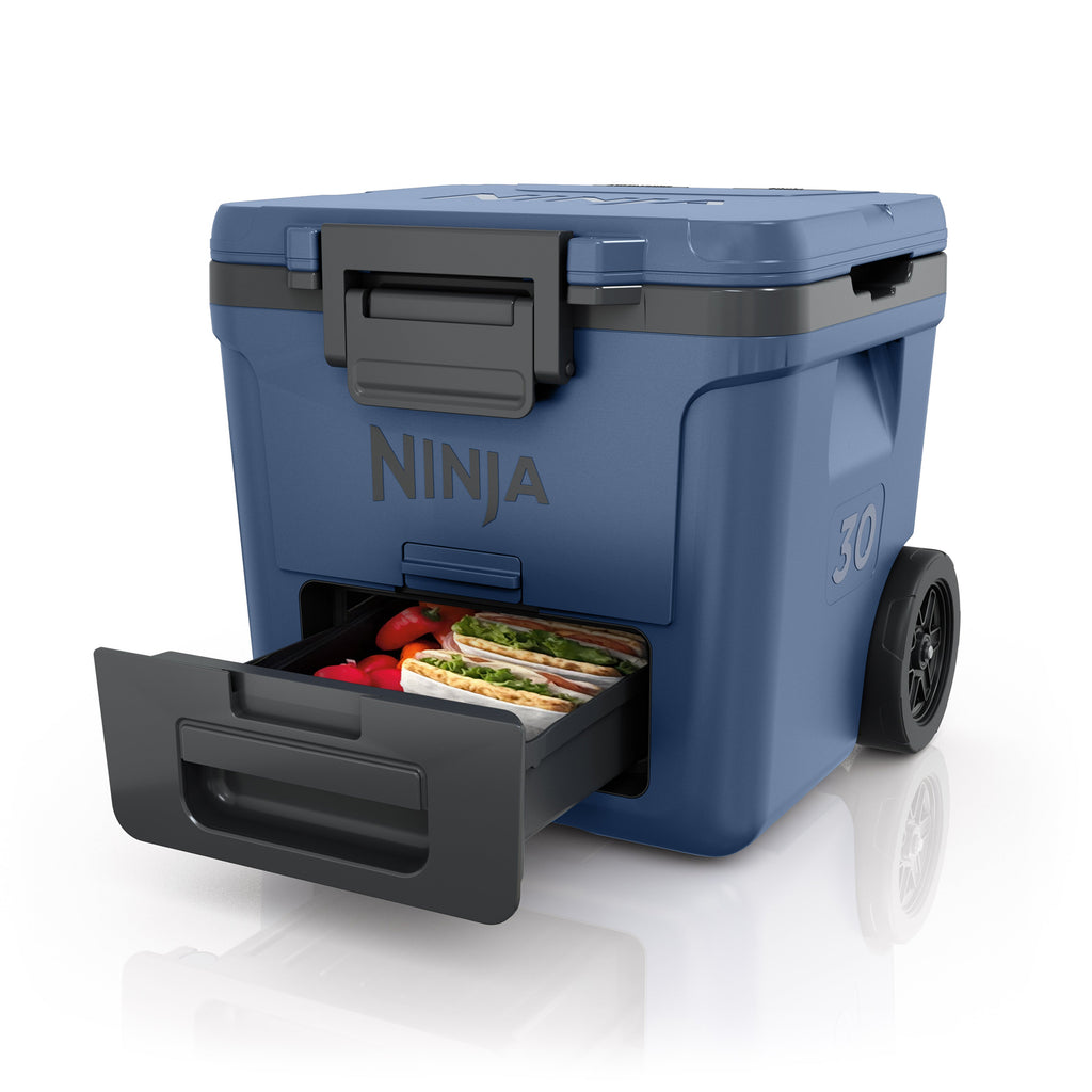 FrostVault 30 qt Wheeled Cooler with Cold Dry Zone in Lakeshore Blue