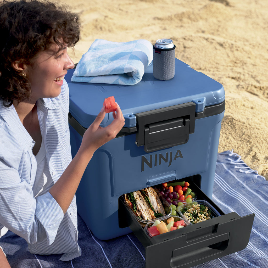 FrostVault 30 qt Wheeled Cooler with Cold Dry Zone in Lakeshore Blue