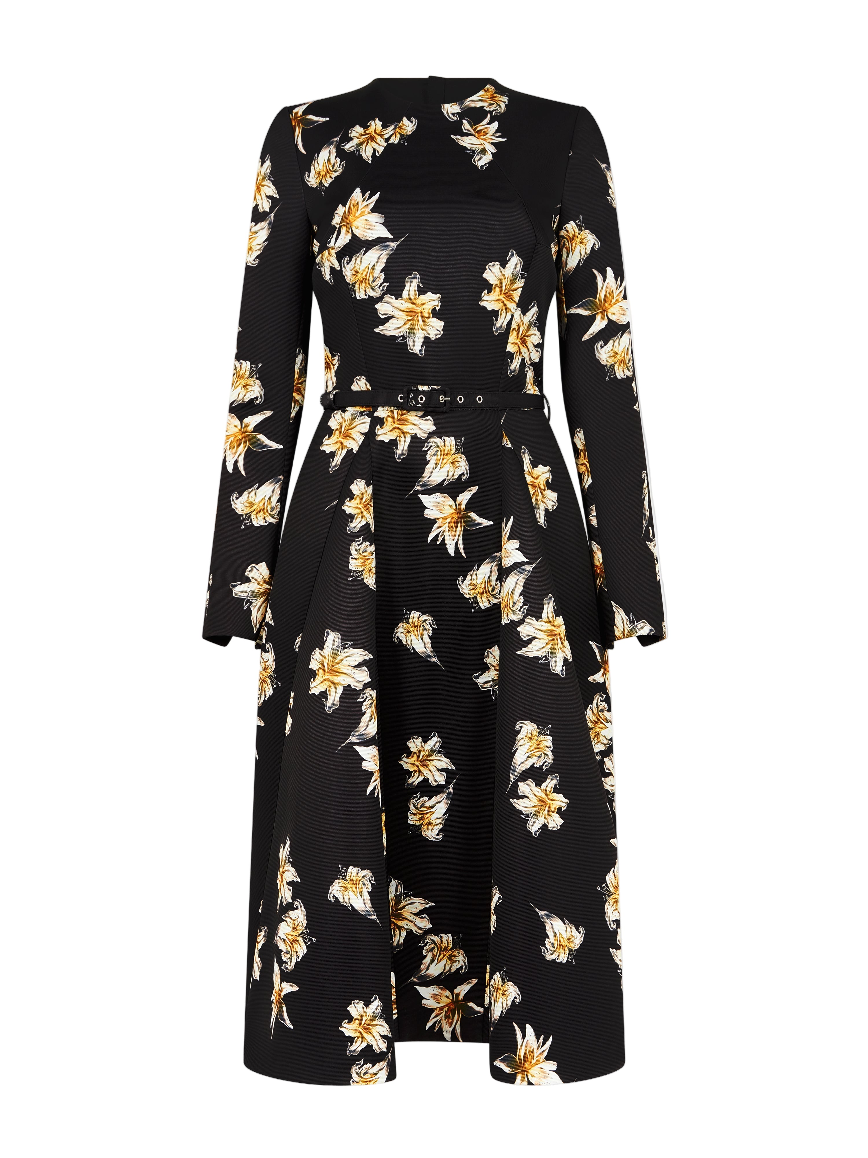 Uccelina Dress In Black & Yellow Festive Lillies Taffeta Faille