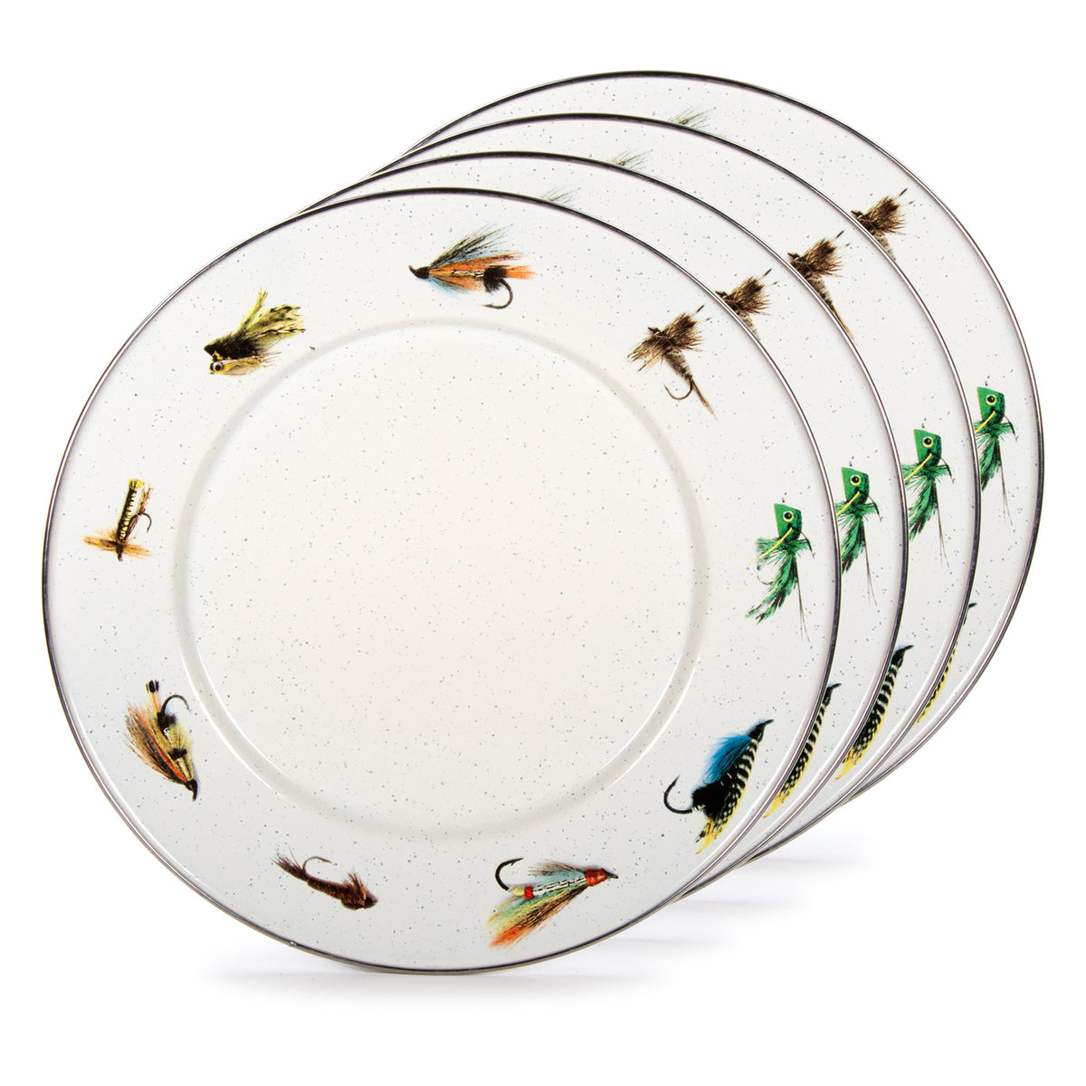 Close-up view of Dinner Plates in Flying Fish, Set of 4 showcasing colorful fly-fishing lure designs and stainless steel rims with white background