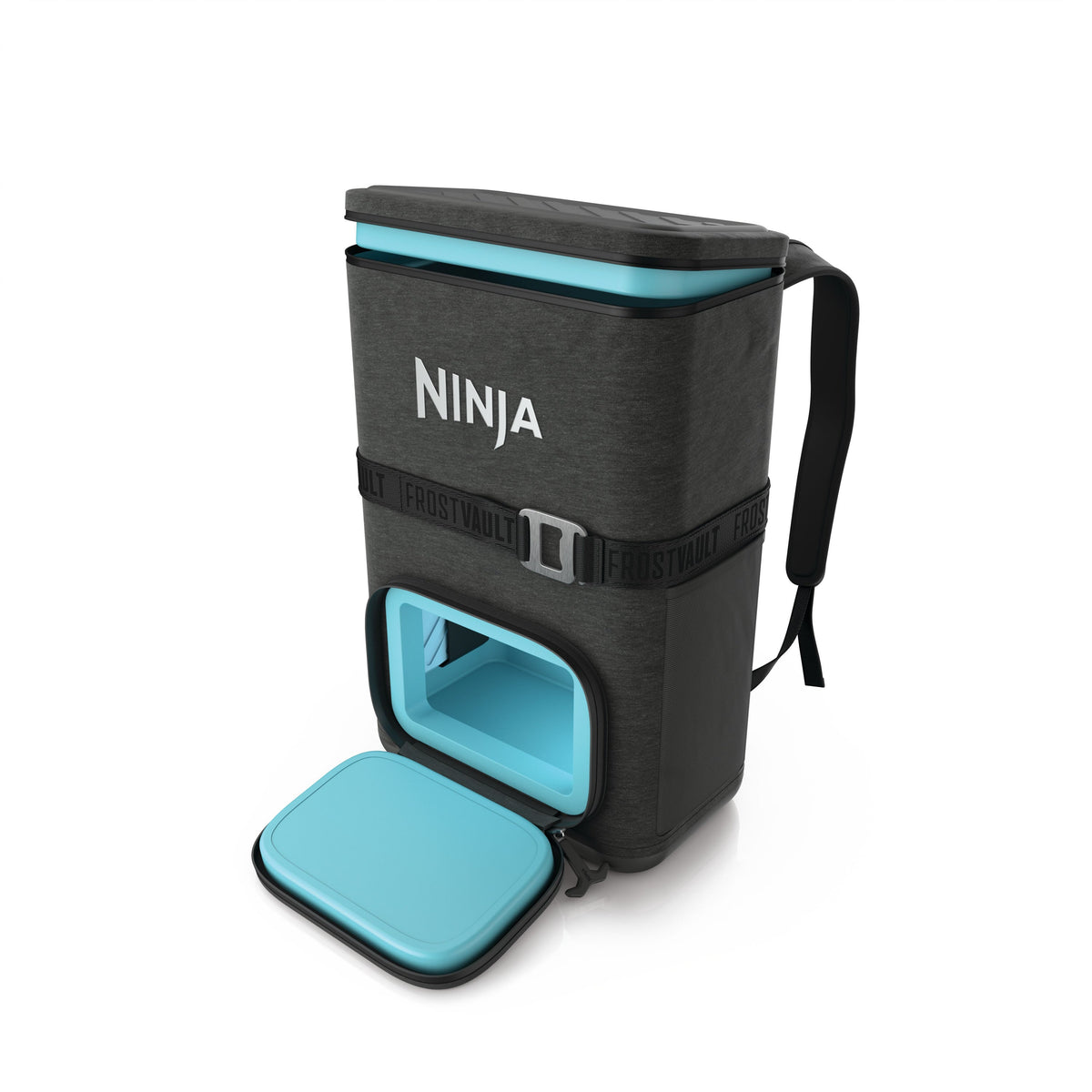 Three-quarter view of FrostVault Go 24-can backpack cooler showing Ninja logo and open front Cold Dry Zone on white background