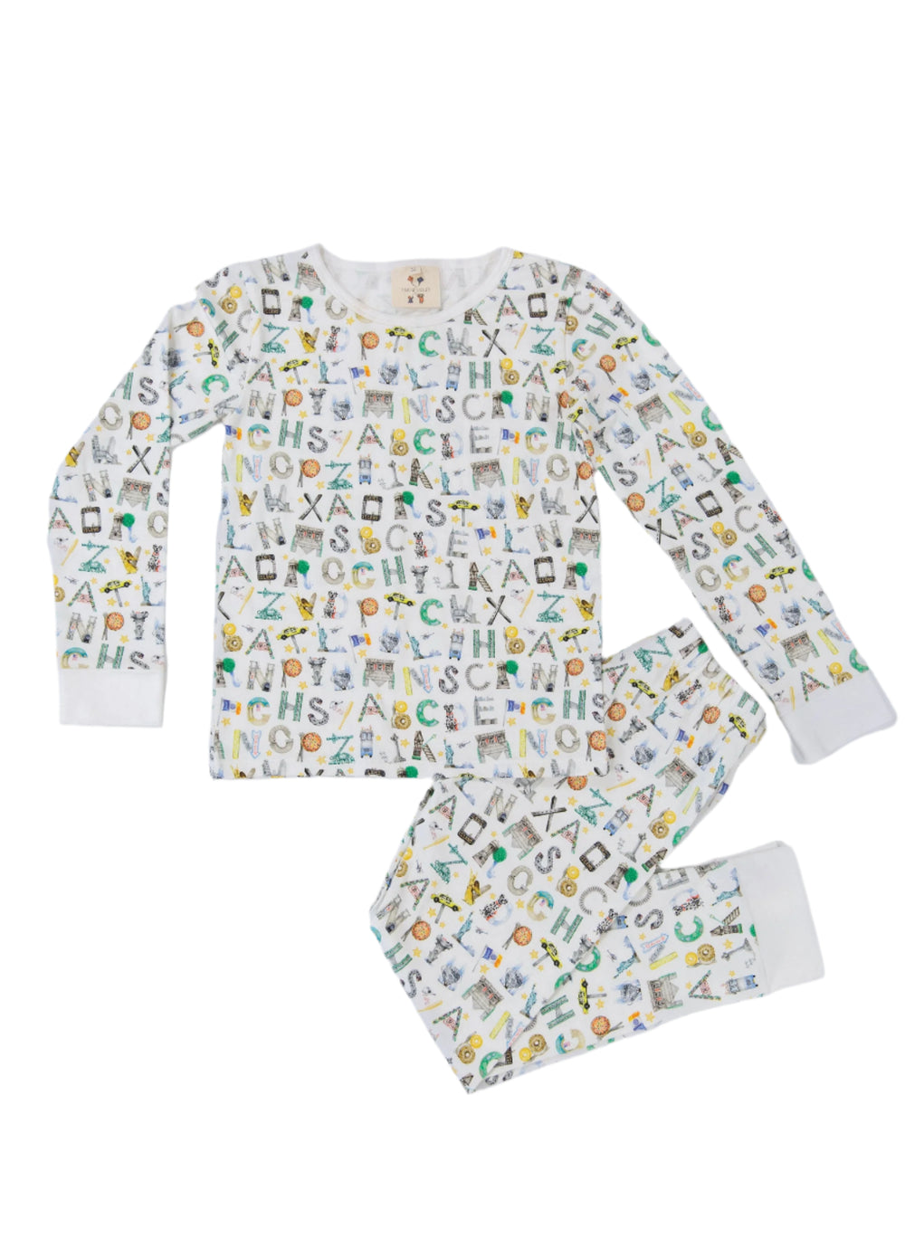 Front view of the NYC Alphabet Soup two piece pajama set showcasing a colorful alphabet print on a white background