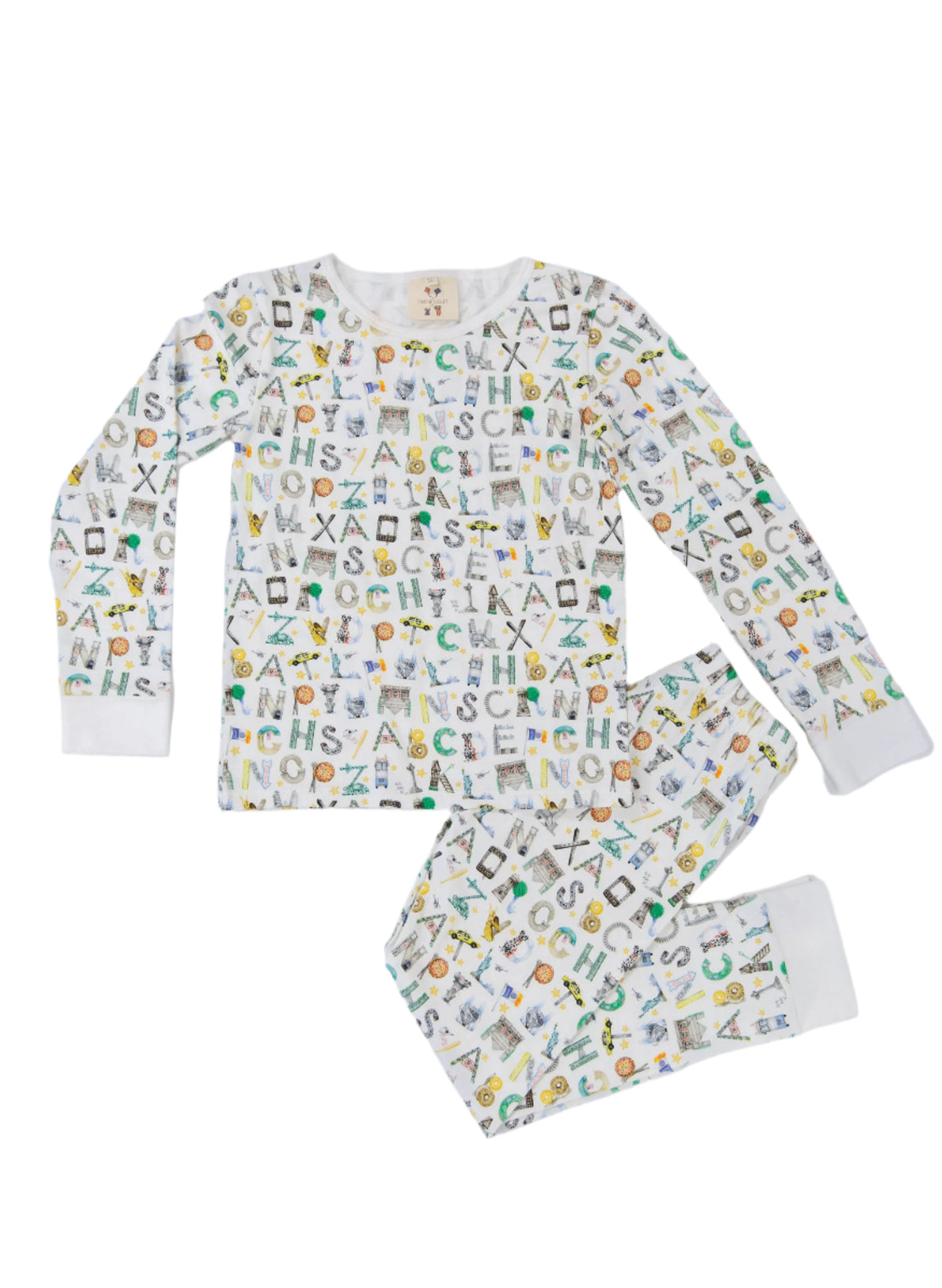 Front view of the NYC Alphabet Soup two piece pajama set showcasing a colorful alphabet print on a white background