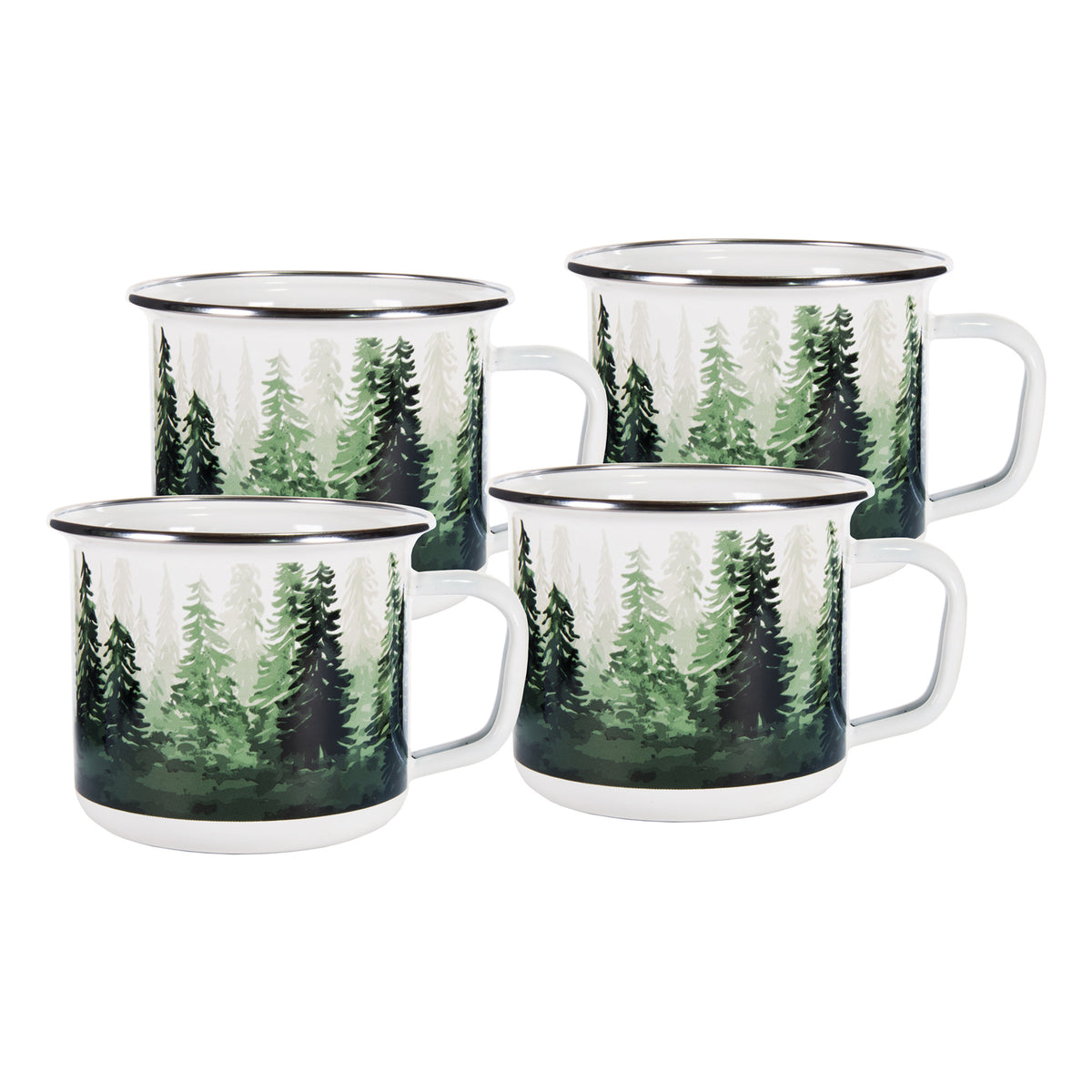 Front view of Grande Mugs in Forest Glen, Set of 4 showcasing tree pattern and stainless steel rims with white background