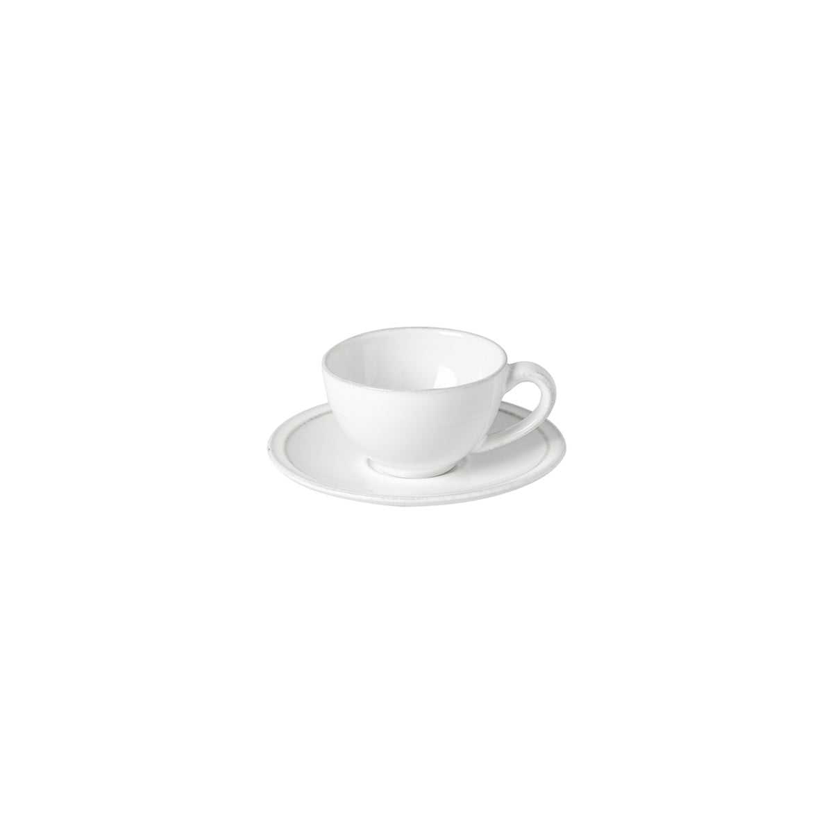 Front view of white Friso coffee cup and saucer with glossy glaze and hand-painted detailing