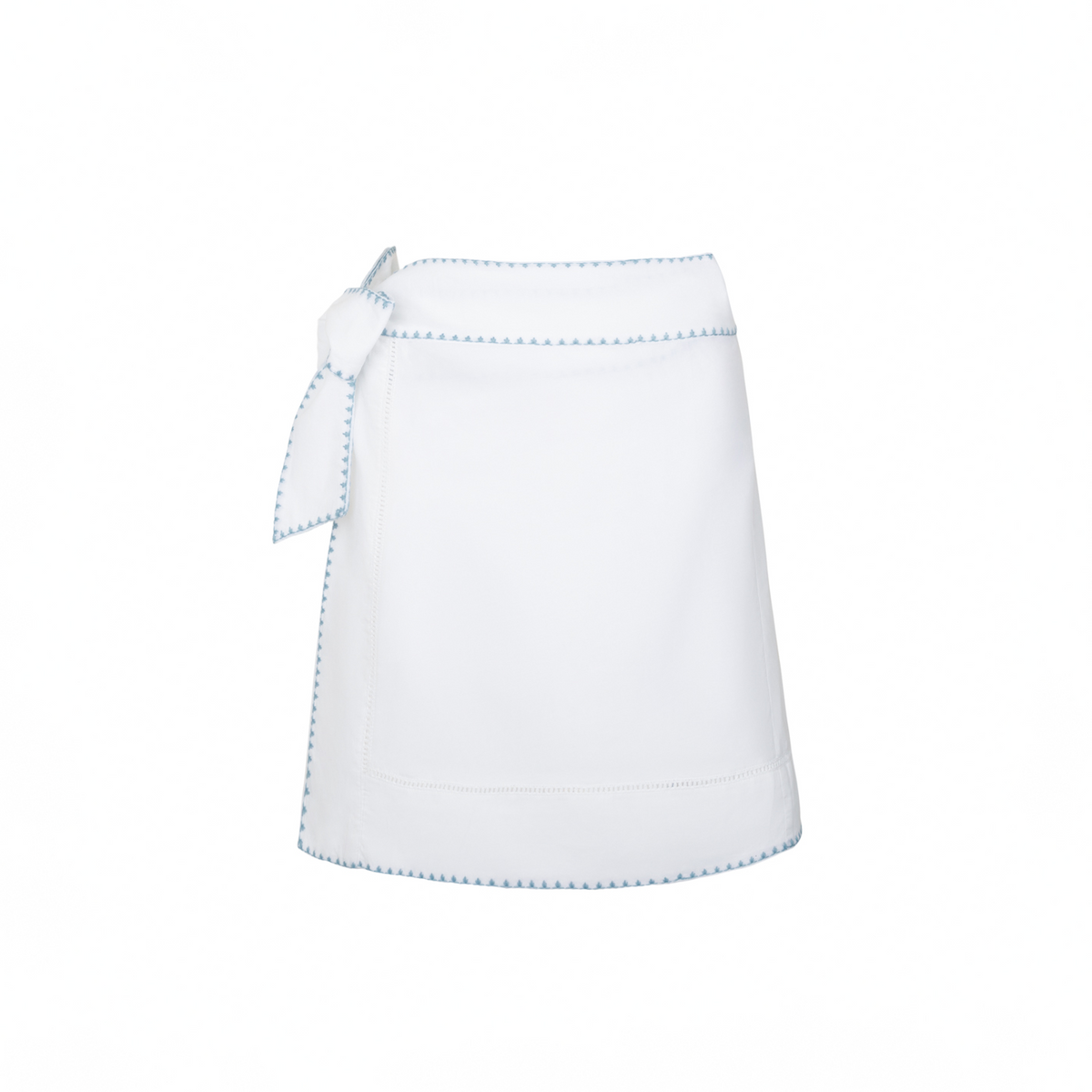 Front view of white embroidered short pareo showing light blue scallop trim and side tie on white background