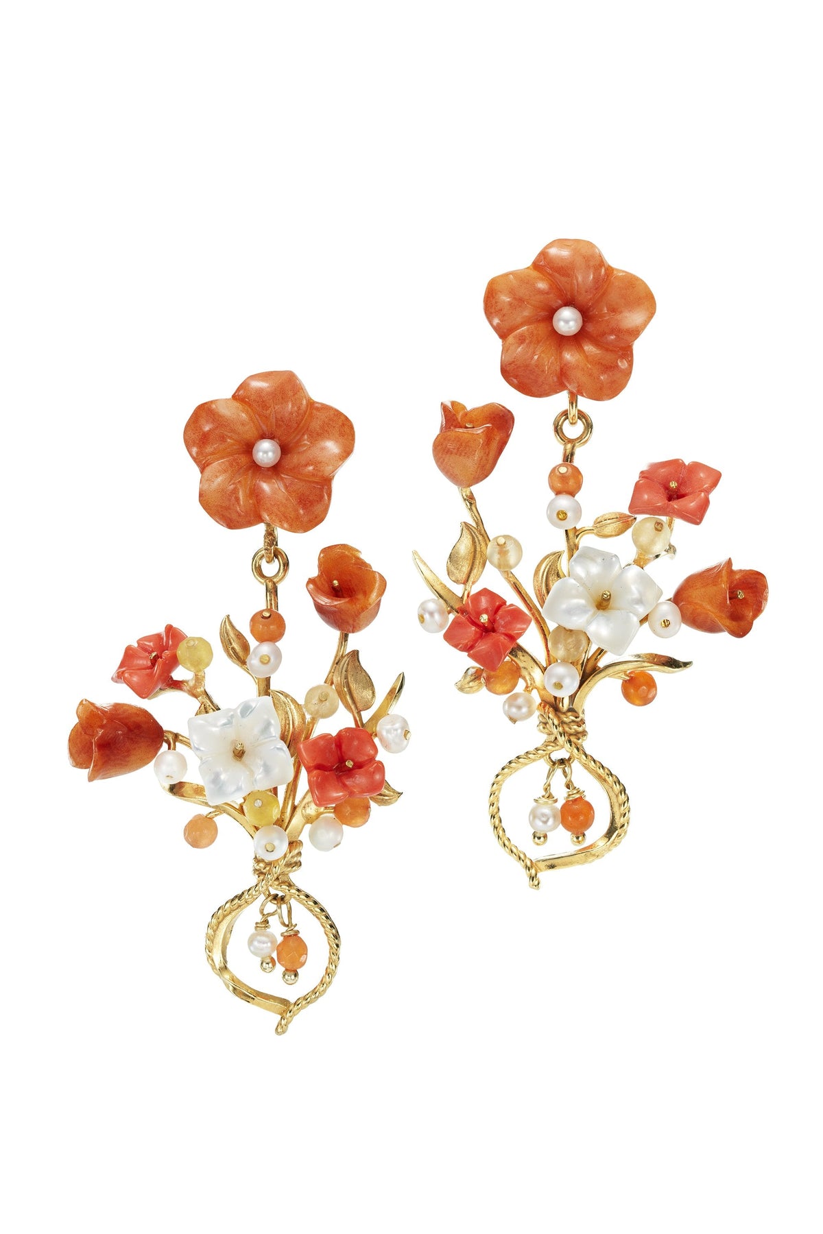 Front view of Bundle Earrings in Coral showcasing floral coral, mother of pearl, pearls, and jade beads with gold rope detail