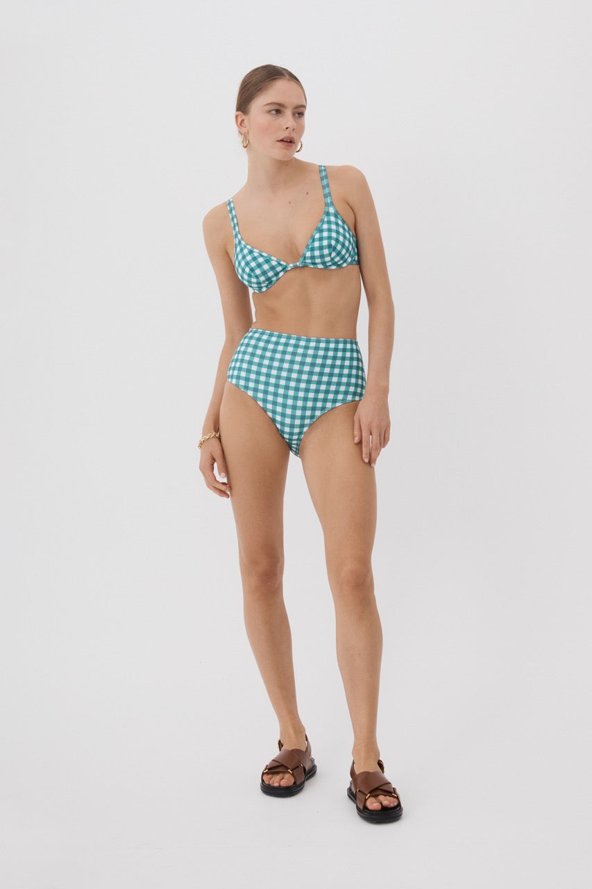 Front view of Forest Gingham high-waisted bottom on model, green gingham print, high-rise fit, white background
