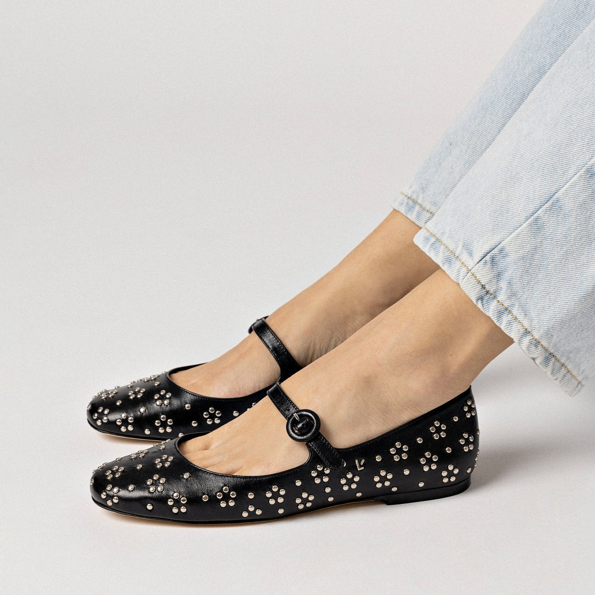 Blair Ballet Flat In Black Leather and Metallic Studs