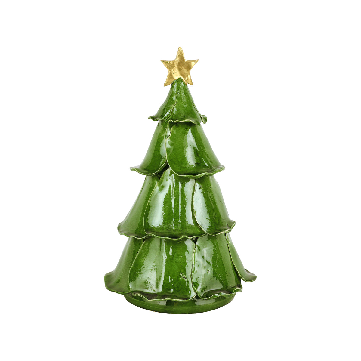 Front view of Foresta medium ruffled tree in green showcasing glossy tiered ruffled earthenware and gold star topper on white background