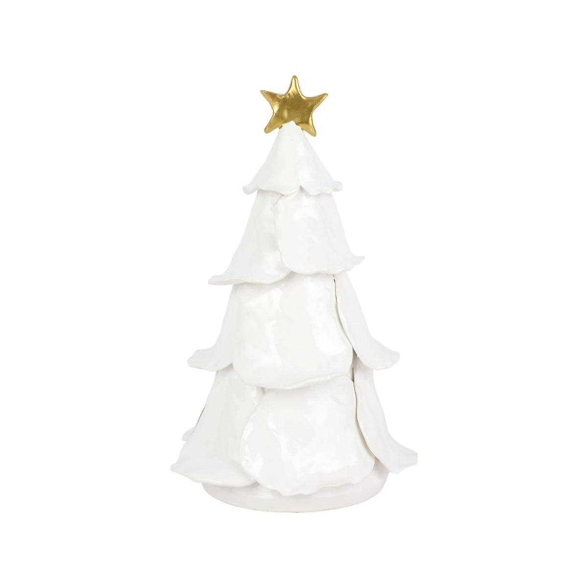 Front view of Foresta medium ruffled ceramic tree showcasing ruffled layers and gold star topper on white background