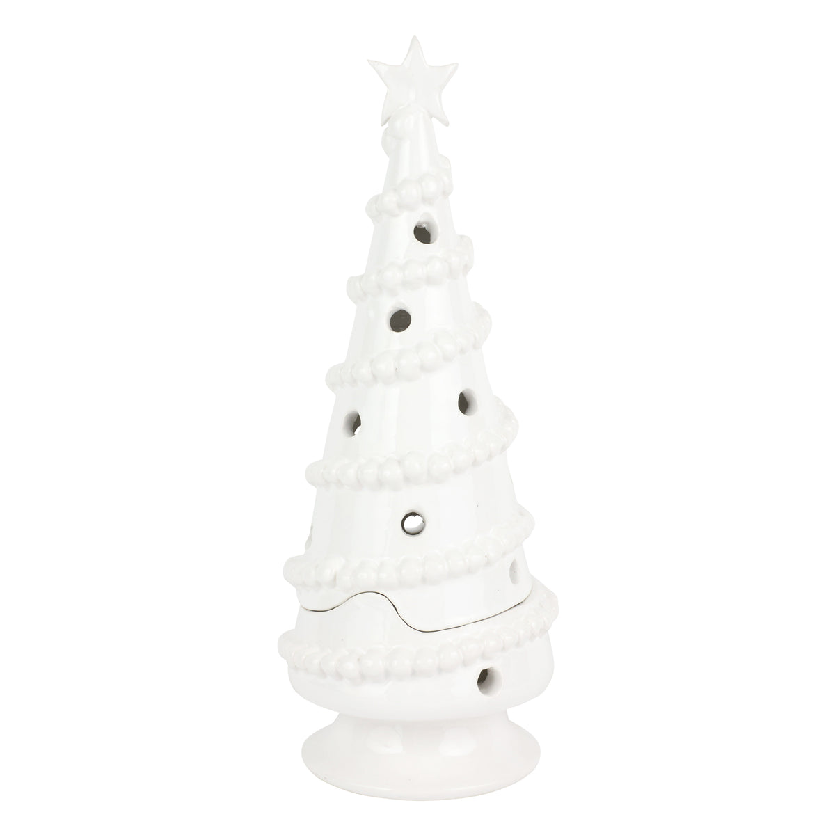 Front view of Foresta large garland tree showing white glazed ceramic, beaded garland, star topper, and cutout holes