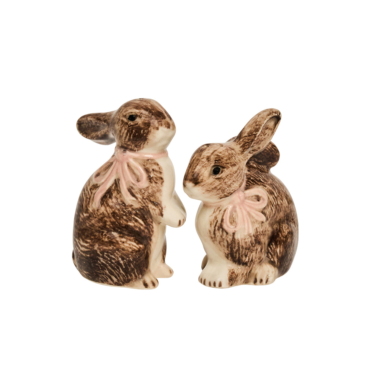 Front view of Clever Creatures bunny salt and pepper shakers, hand-painted brown ceramic rabbits with pink bows