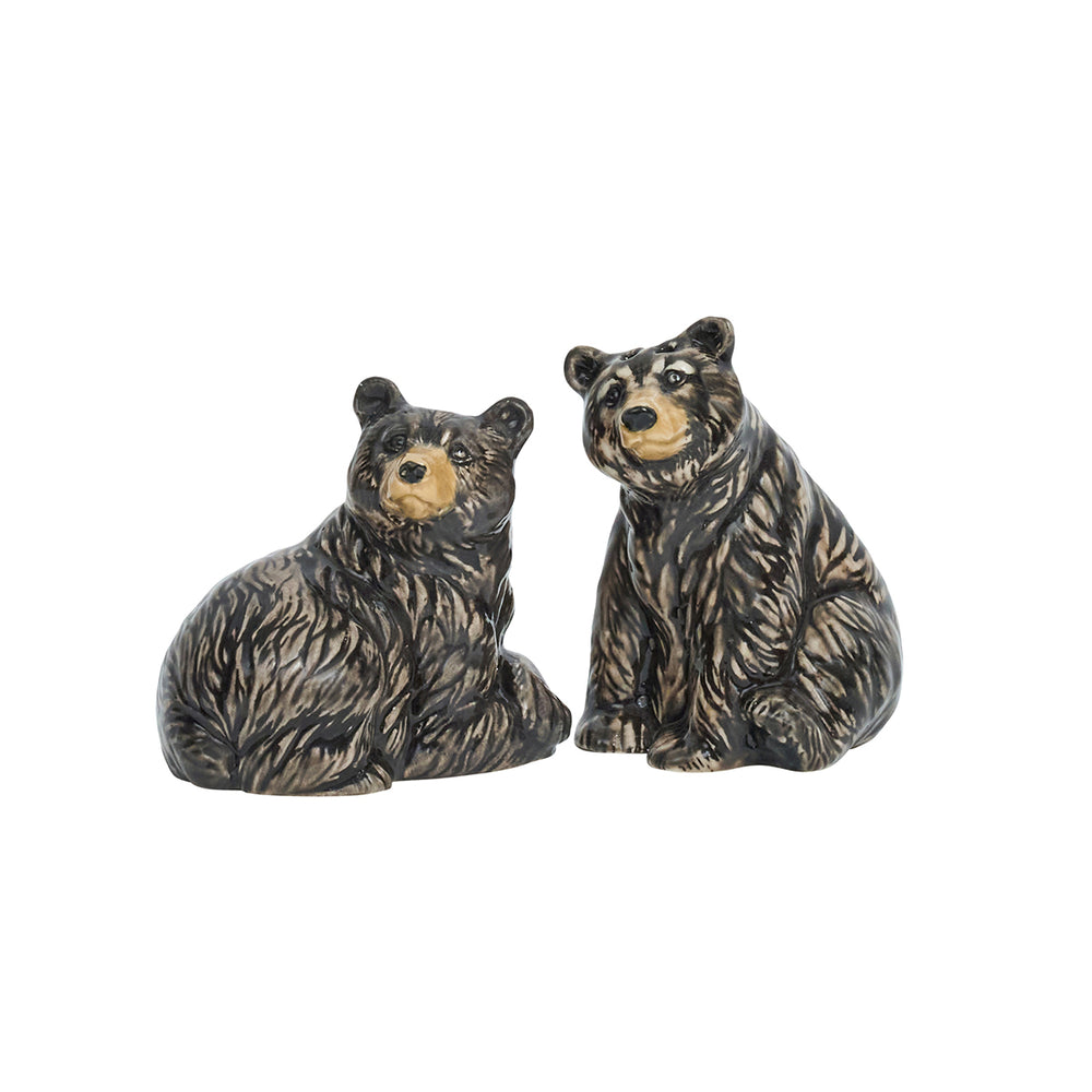 Front view of Clever Creatures black bear salt and pepper shakers set showcasing hand-painted ceramic detail on a white background