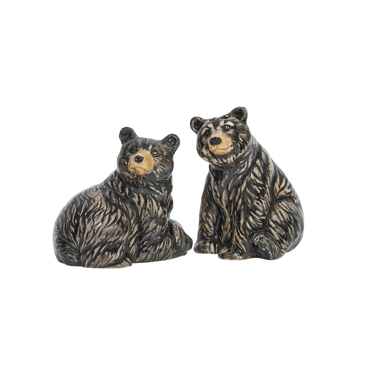 Front view of Clever Creatures black bear salt and pepper shakers set showcasing hand-painted ceramic detail on a white background