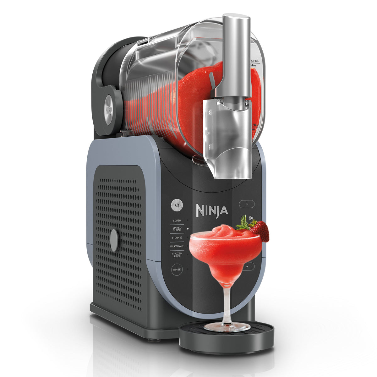 Three-quarter view of Slushi 5-in-1 Professional Frozen Drink Maker in Arctic Blue and Gray with red frozen drink and spout