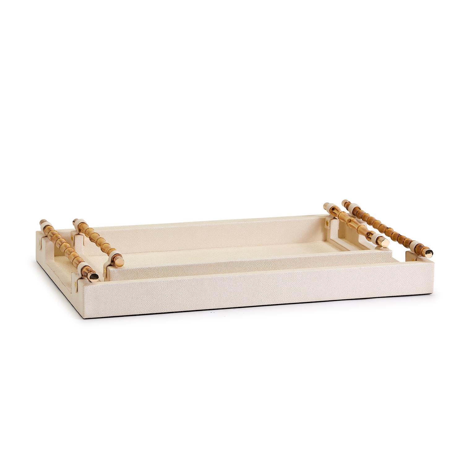 Cream Decorative Rectangle Tray W Bamboo Handles, Set of 2