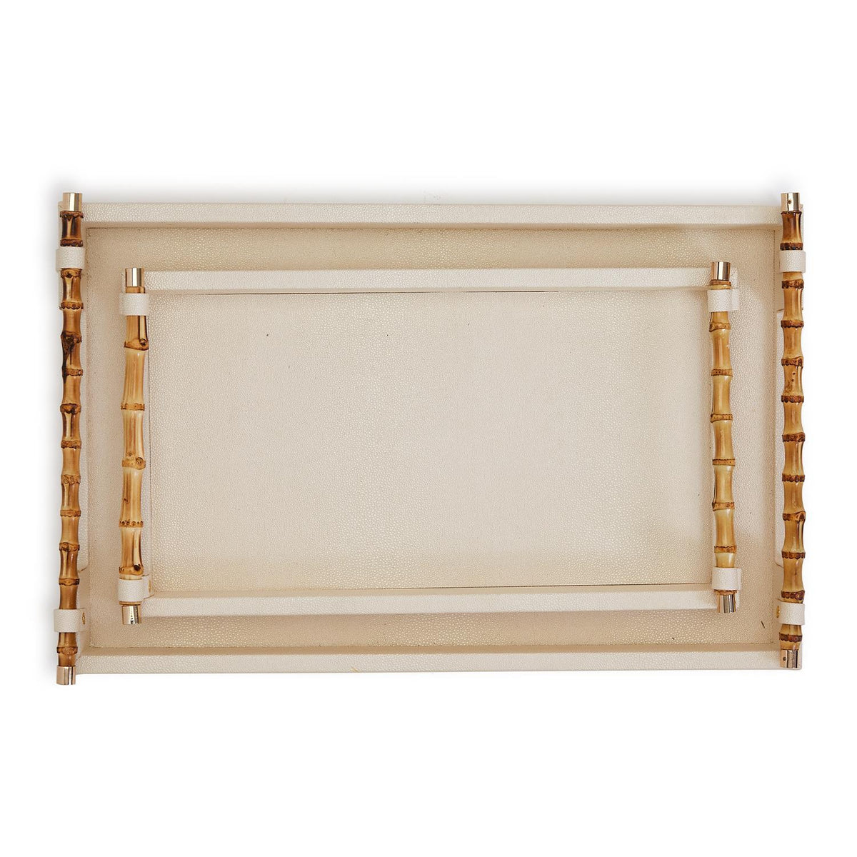 Cream Decorative Rectangle Tray W Bamboo Handles, Set of 2