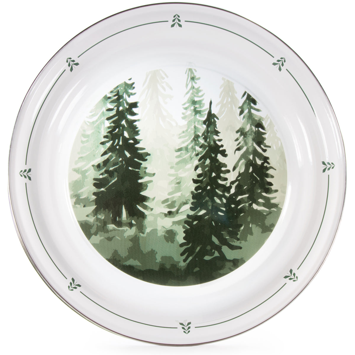 Top view of Large Tray in Forest Glen showcasing green pine tree pattern and stainless steel trim on white enamel