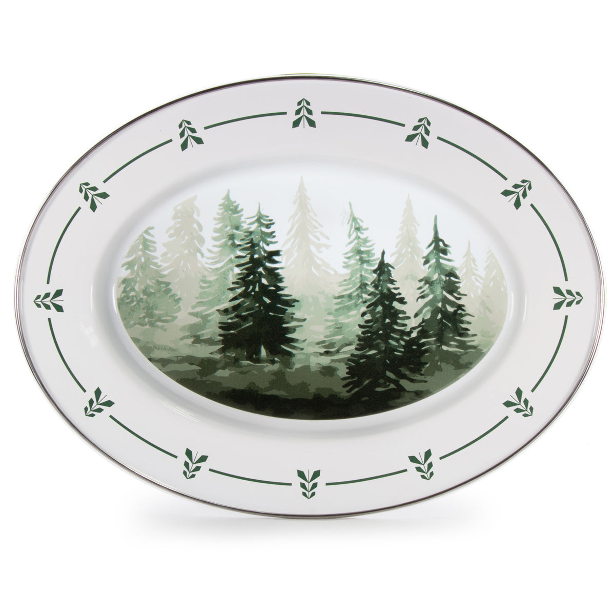 Top view of Oval Platter in Forest Glen showcasing evergreen forest artwork with white enamel and green trim