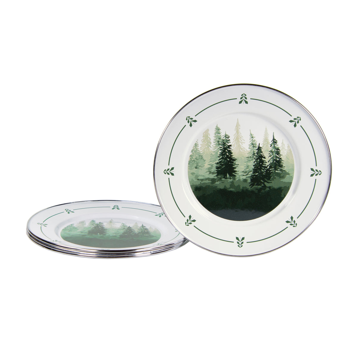 Angled view of Dinner Plates in Forest Glen, Set of 4 showcasing forest tree artwork and stainless steel trim on white
