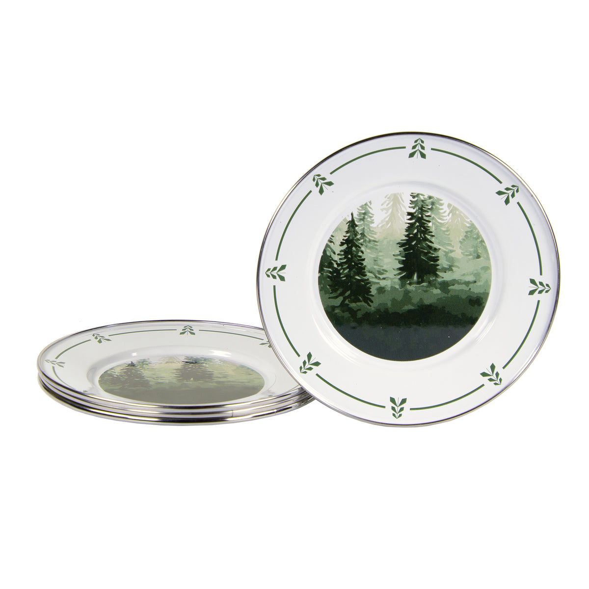 Angled view of Sandwich Plates in Forest Glen, Set of 4 showcasing tree designs and stainless steel trim