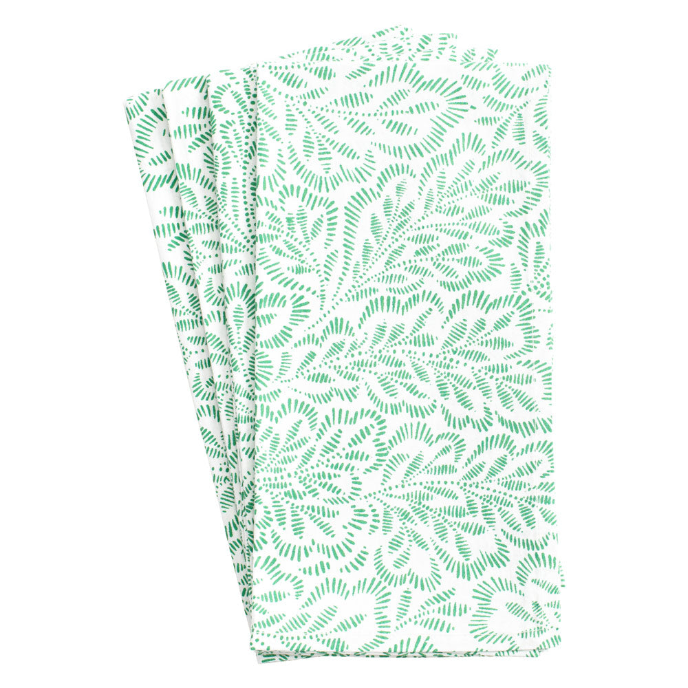 Front view of Block Print Leaves Cotton Dinner Napkins, set of 4, showcasing green leaf print on white fabric