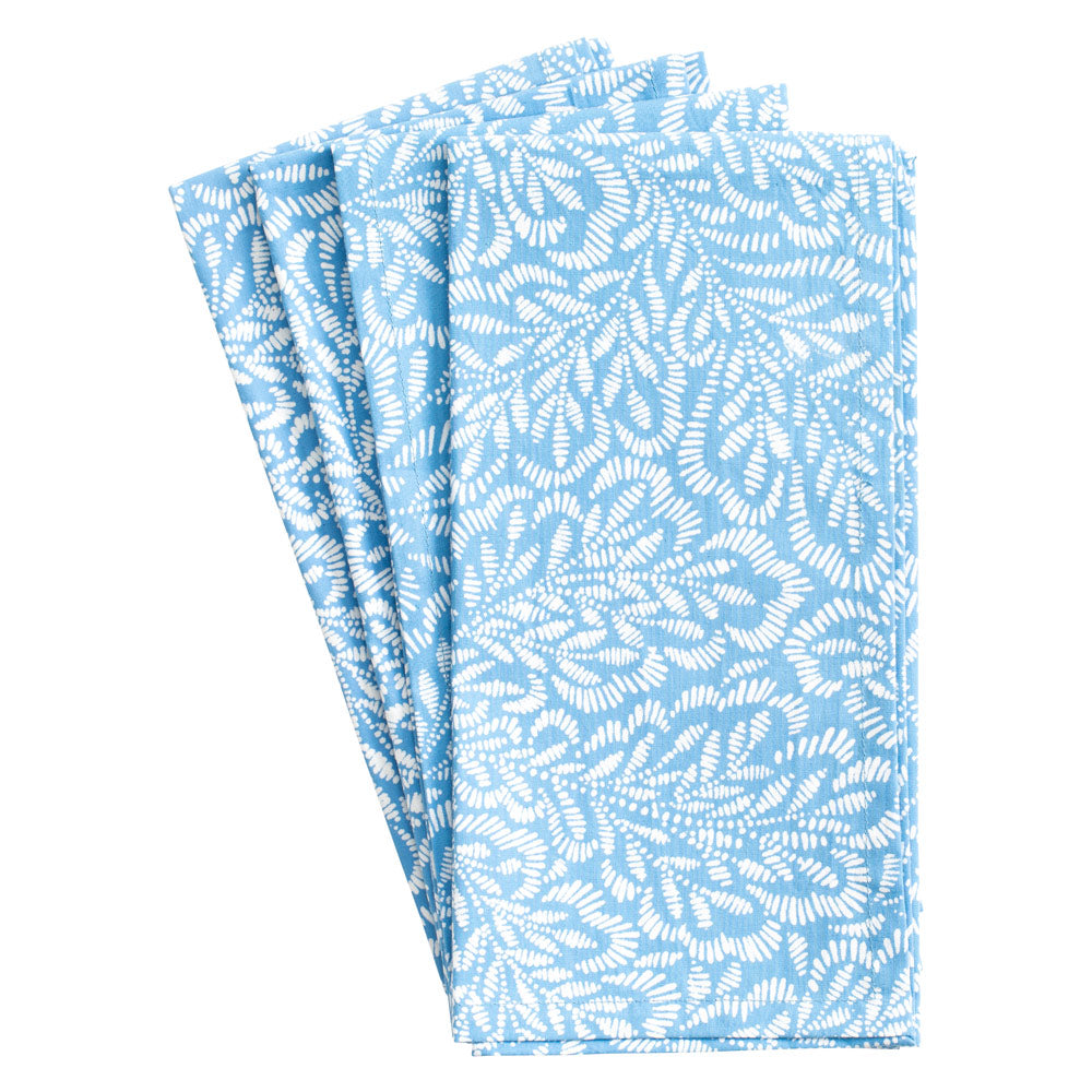 Front view of Block Print Leaves Cotton Dinner Napkins, set of 4, showcasing blue and white leaf pattern on white background