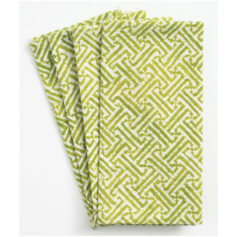 Fretwork Cotton Dinner Napkins in Green & White, Set of 4