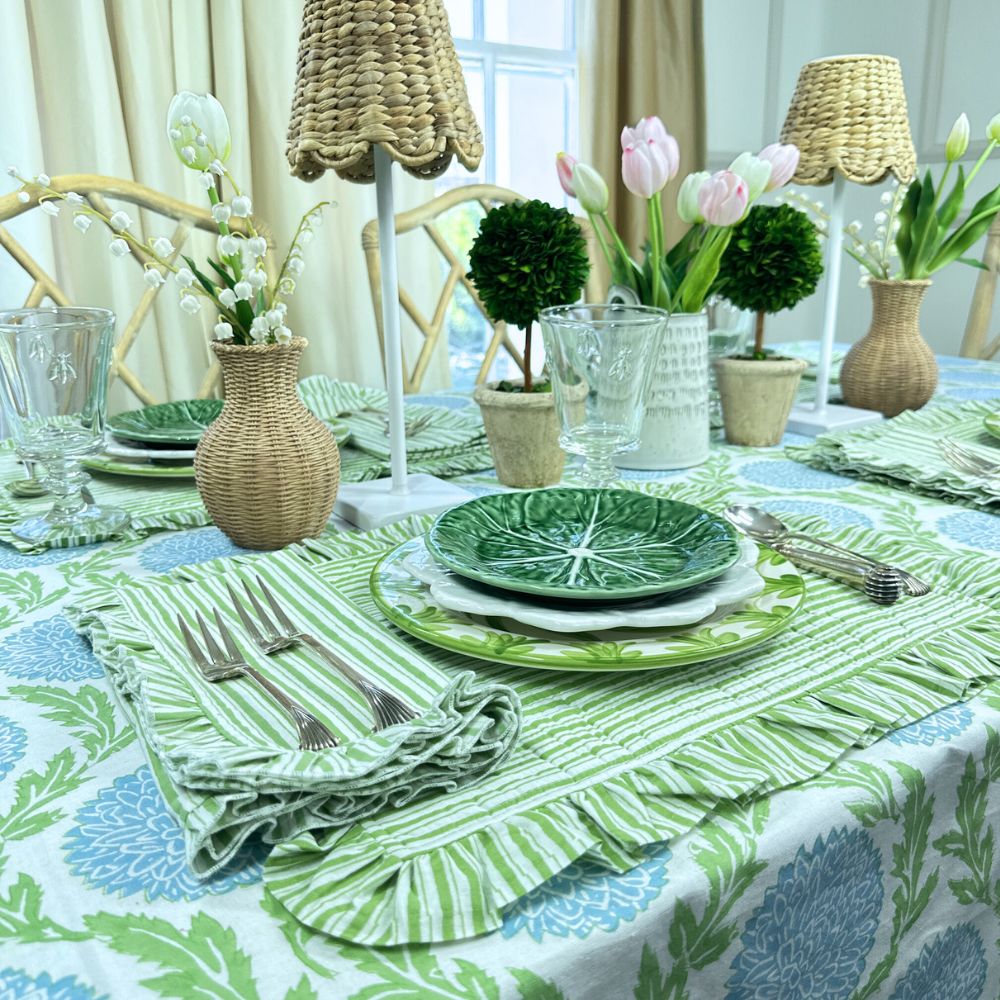 Quilted Ruffle Placemats in Green Stripe, Set of 4