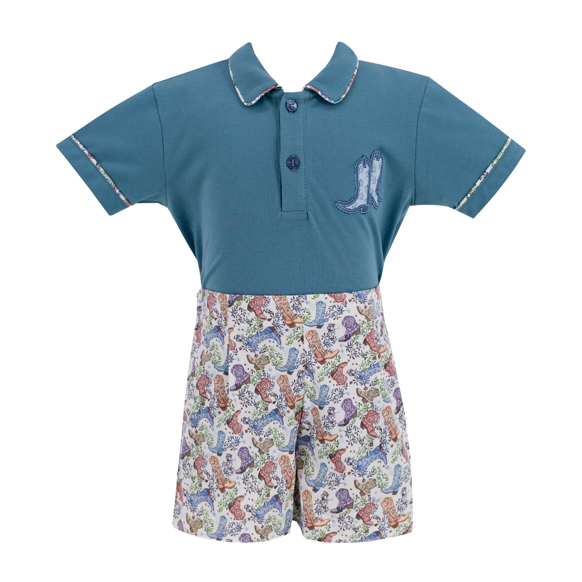 Front view of Fields Boy Polo Set with blue polo embroidered with boot applique and floral trim, and shorts with boots print