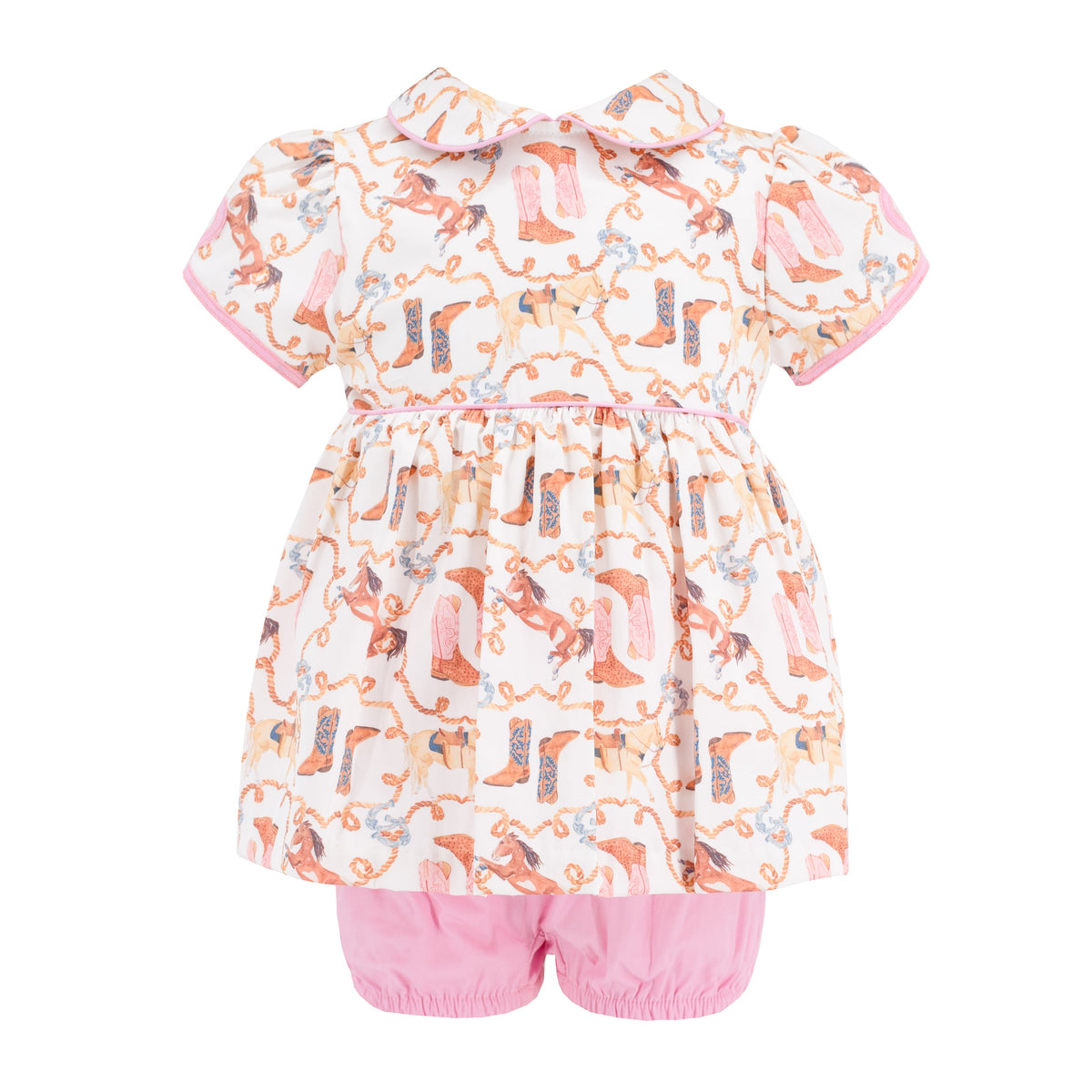 Front view of Bonnie Girl two-piece set showing boot-and-hat print, pink piped collar and pink shorts on white background