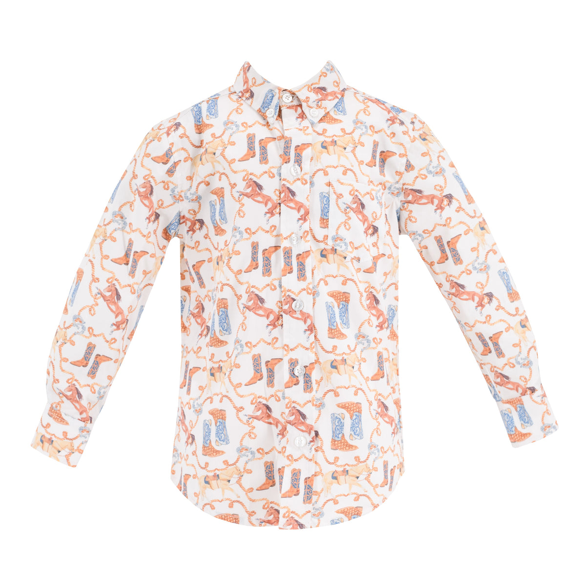 Front view of Wilson Boy Button Down with cowboy boot and horse print, chest pocket, long sleeves on white background