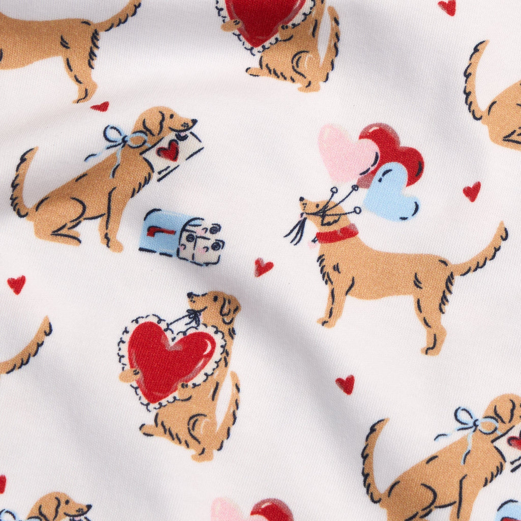 Little English classic children's clothing golden retriever dogs and hearts all over print with Valentine's motifs 
